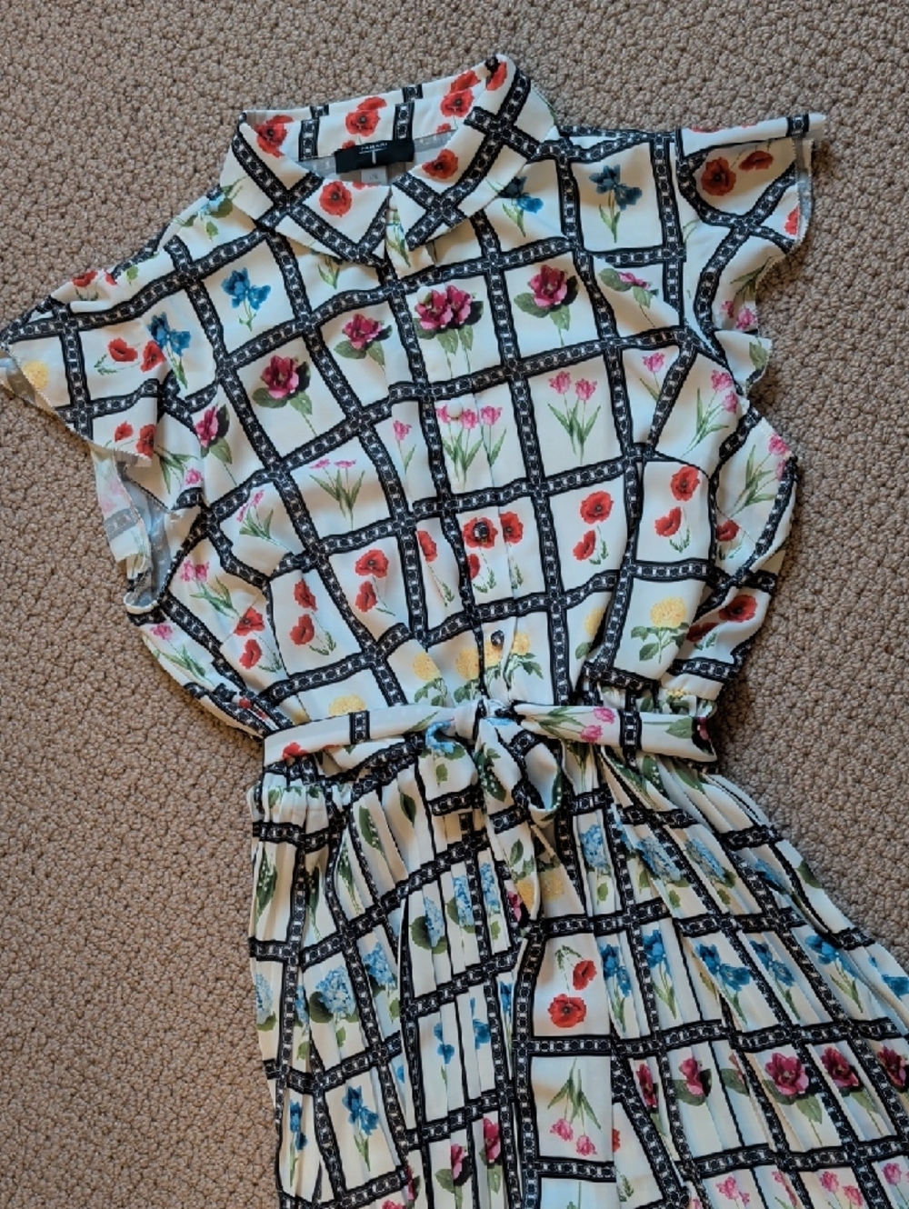 Floral Grid Print White Midii Dress with Tie Waist Flutter Sleeves L Tahari - Picture 9 of 14